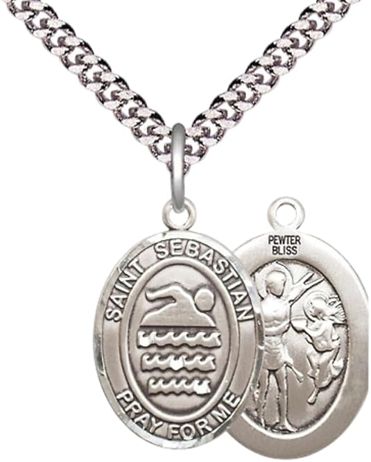 Medium Men's Pewter Saint St. Sebastian Swimming Medal Pendant on 24 Inch Endless Rhodium Plated Heavy Curb Brass Chain, Catholic Religious Necklace - Made in USA- Deluxe Velvet Gift Box