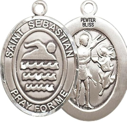 Mens Medium Oval Pewter Saint St. Sebastian Swimming Medal Pendant on 24 Inch Rhodium Plated Heavy Curb Brass Chain w/ Lobster Claw Clasp, Catholic Religious Necklace- Made in USA- Velvet Gift Box