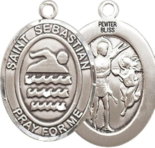 Medium Men's Pewter Saint St. Sebastian Swimming Medal Pendant on 24 Inch Endless Rhodium Plated Heavy Curb Brass Chain, Catholic Religious Necklace - Made in USA- Deluxe Velvet Gift Box