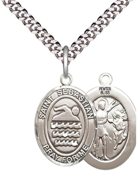 Medium Men's Pewter Saint St. Sebastian Swimming Medal Pendant on 24 Inch Endless Rhodium Plated Heavy Curb Brass Chain, Catholic Religious Necklace - Made in USA- Deluxe Velvet Gift Box
