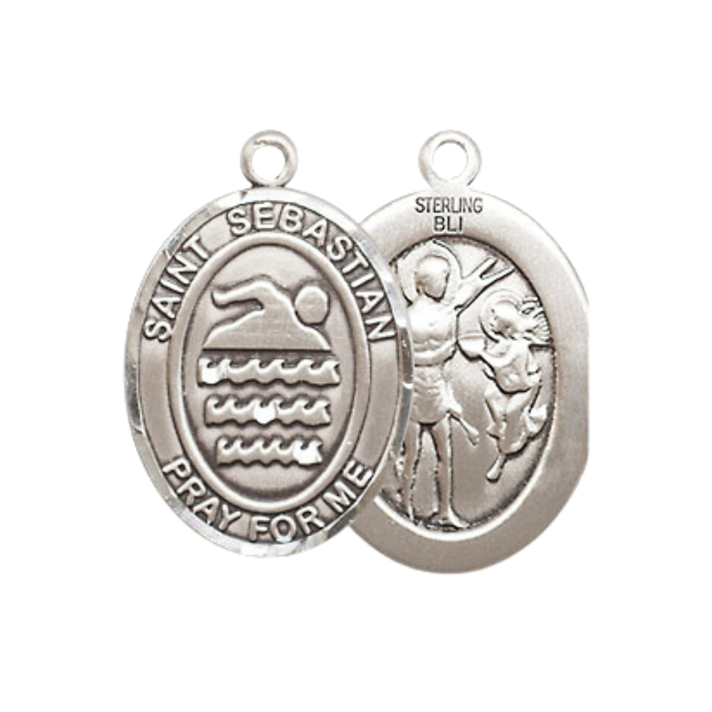 Medium Women's .925 Sterling Silver Saint St. Sebastian Swimming Pendant Necklace on 18 Inch Rhodium Plated Lite Curb Brass Chain – Patron Saint St. of Athletes & Soldiers, Catholic Medal – Velvet Gift Box Included