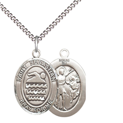 Medium Women's .925 Sterling Silver Saint St. Sebastian Swimming Pendant Necklace on 18 Inch Rhodium Plated Lite Curb Brass Chain – Patron Saint St. of Athletes & Soldiers, Catholic Medal – Velvet Gift Box Included
