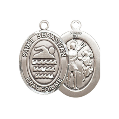 Medium Mens Oval Sterling Silver Saint Sebastian Swimming Medal Pendant on 24" Rhodium Plated Heavy Curb Brass Chain w/ Lobster Claw Clasp,Catholic Religious Necklace-Made in USA-Velvet Gift Box