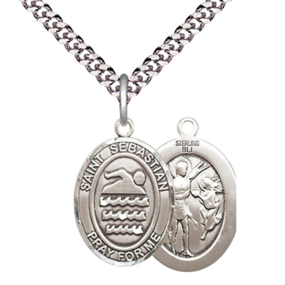 Medium Men's .925 Sterling Silver Saint St.Sebastian Swimming Medal Pendant on 24 Inch Endless Rhodium Plated Heavy Curb Brass Chain, Catholic Religious Necklace - Made in USA- Deluxe Velvet Gift Box