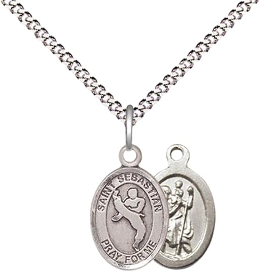 Everlasting Light Jewelry Medium Women's Pewter Saint St. Sebastian Martial Arts Pendant Necklace on 18- inch Rhodium- Plated Lite Curb Brass Chain – Patron Saint St. of Athletes, Catholic Medal – Velvet Gift Box Included