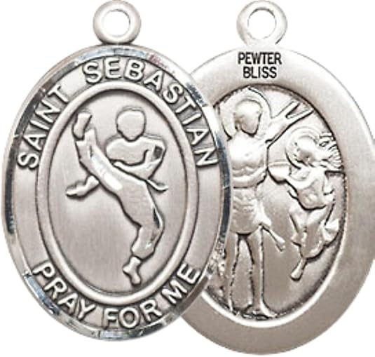 Medium Men's Pewter Saint St. Sebastian Martial Arts Medal Pendant on 24 Inch Endless Rhodium Plated Heavy Curb Brass Chain, Catholic Religious Necklace - Made in USA- Deluxe Velvet Gift Box