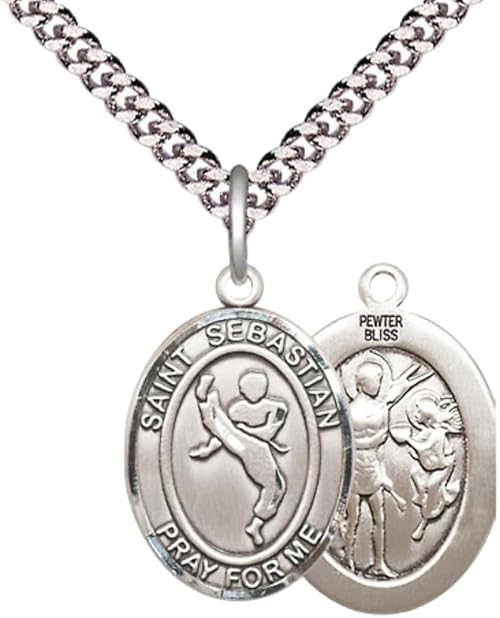 Medium Mens Oval Pewter Saint St. Sebastian Martial Arts Medal Pendant on 24 Inch Rhodium Plated Heavy Curb Brass Chain w/ Lobster Claw Clasp, Catholic Religious Necklace - Made in USA- Velvet Gift Box