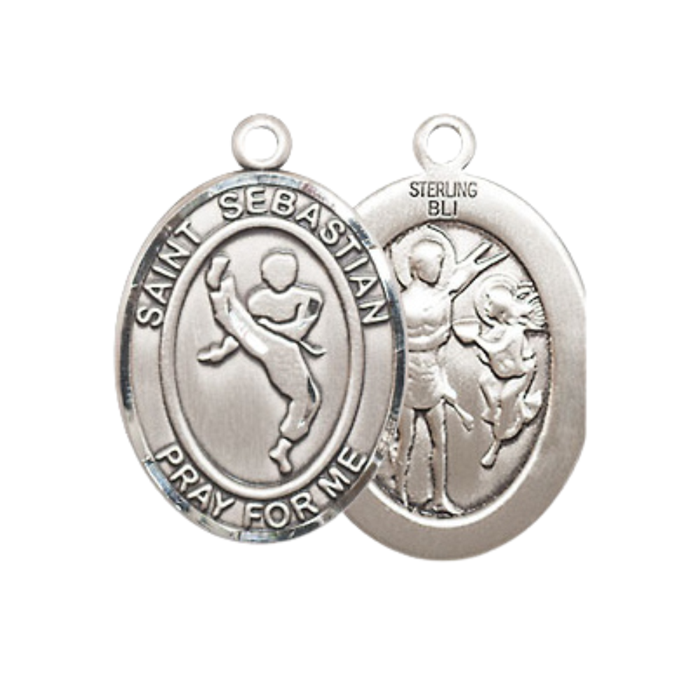 Medium Women's Sterling Silver Saint Sebastian Martial Arts Pendant Necklace on 18" Rhodium Plated Lite Curb Brass Chain – Patron Saint of Athletes & Soldiers – Velvet Gift Box Included