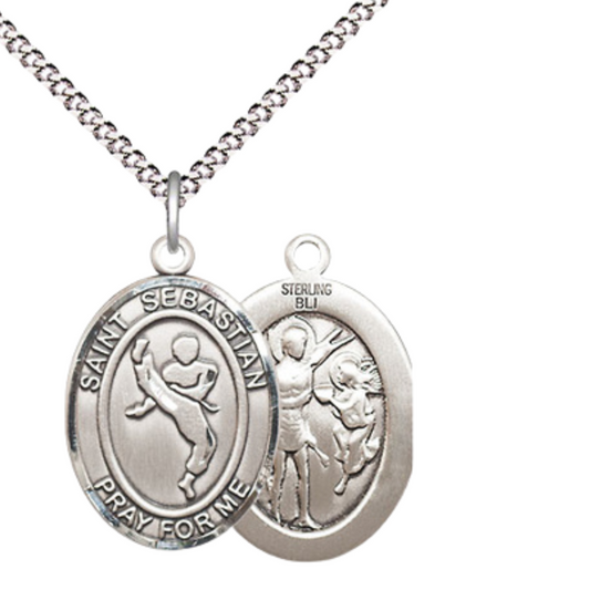 Medium Women's Sterling Silver Saint Sebastian Martial Arts Pendant Necklace on 18" Rhodium Plated Lite Curb Brass Chain – Patron Saint of Athletes & Soldiers – Velvet Gift Box Included