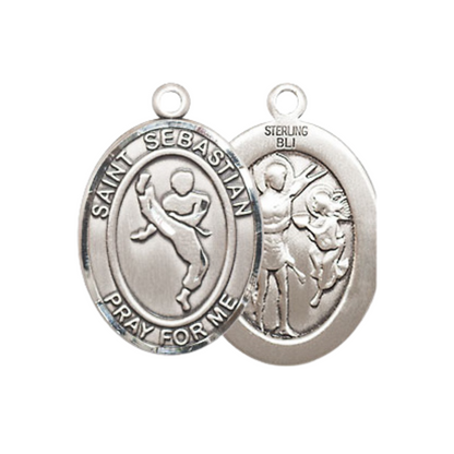 Medium Mens Oval .925 Sterling Silver Saint St. Sebastian Martial Arts Medal Pendant on 24 Inch Rhodium Plated Heavy Curb Brass Chain w/ Lobster Claw Clasp, Catholic Religious Necklace - Made in USA- Gift Boxed