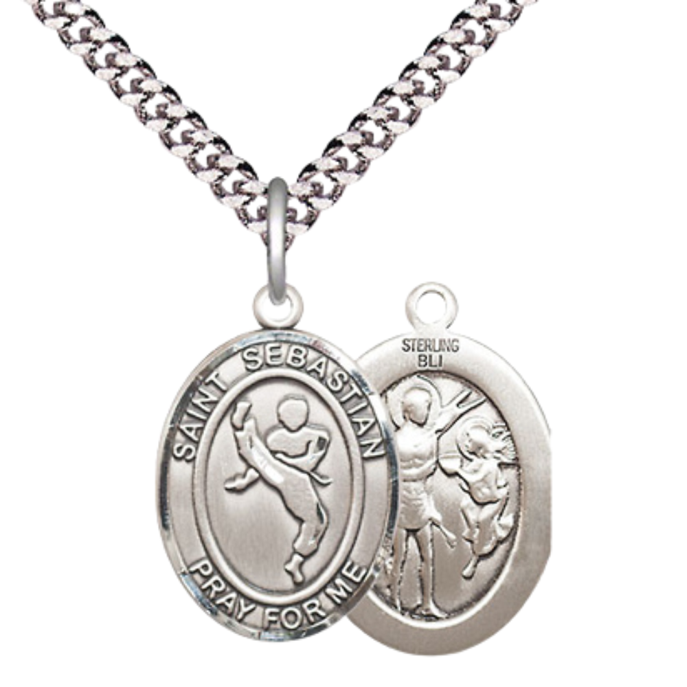 Medium Men's .925 Sterling Silver Saint St.Sebastian Martial Arts Medal Pendant on 24 Inch Endless Rhodium Plated Heavy Curb Brass Chain, Catholic Religious Necklace -Made in USA- Deluxe Velvet Gift Box