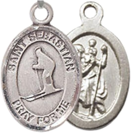 Everlasting Light Jewelry Medium Women's Pewter Saint St. Sebastian Skiing Pendant Necklace on 18- inch Rhodium- Plated Lite Curb Brass Chain – Patron Saint St. of Athletes, Catholic Medal – Velvet Gift Box Included