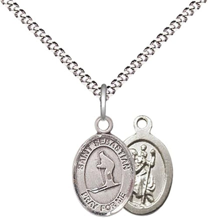 Everlasting Light Jewelry Medium Women's Pewter Saint St. Sebastian Skiing Pendant Necklace on 18- inch Rhodium- Plated Lite Curb Brass Chain – Patron Saint St. of Athletes, Catholic Medal – Velvet Gift Box Included