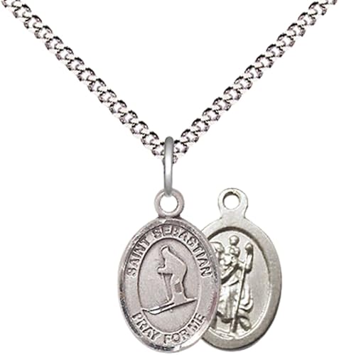 Everlasting Light Jewelry Medium Women's Pewter Saint St. Sebastian Skiing Pendant Necklace on 18- inch Rhodium- Plated Lite Curb Brass Chain – Patron Saint St. of Athletes, Catholic Medal – Velvet Gift Box Included
