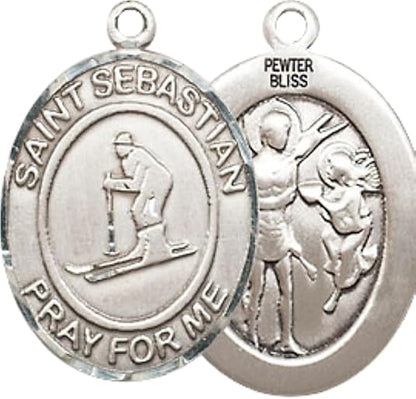 Medium Men's Pewter Saint St. Sebastian Skiing Medal Pendant on 24 Inch Endless Rhodium Plated Heavy Curb Brass Chain, Catholic Religious Necklace - Made in USA- Deluxe Velvet Gift Box