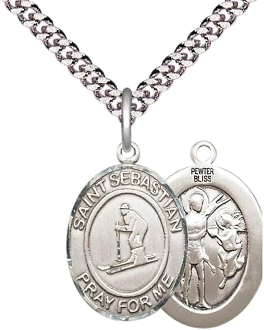 Medium Men's Pewter Saint St. Sebastian Skiing Medal Pendant on 24 Inch Endless Rhodium Plated Heavy Curb Brass Chain, Catholic Religious Necklace - Made in USA- Deluxe Velvet Gift Box