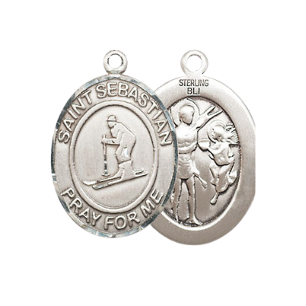Everlasting Light Jewelry Medium Women's .925 Sterling Silver Saint St. Sebastian Skiing Pendant Necklace on 18 Inch Rhodium Plated Lite Curb Brass Chain – Patron Saint St. of Athletes & Soldiers, Catholic Medal – Velvet Gift Box Included