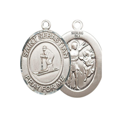 Everlasting Light Jewelry Medium Women's .925 Sterling Silver Saint St. Sebastian Skiing Pendant Necklace on 18 Inch Rhodium Plated Lite Curb Brass Chain – Patron Saint St. of Athletes & Soldiers, Catholic Medal – Velvet Gift Box Included
