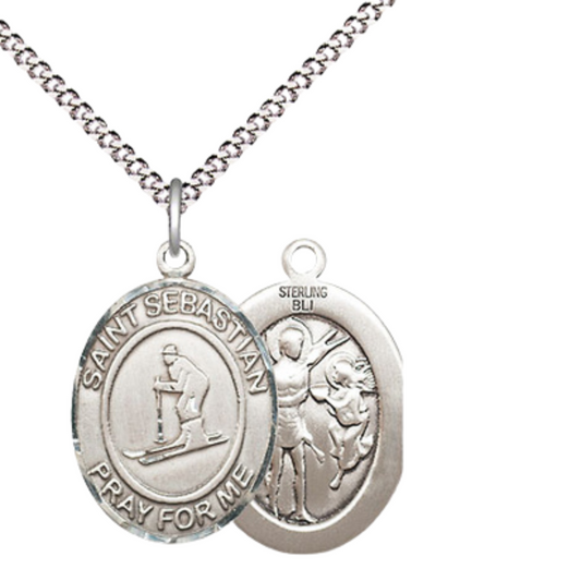 Everlasting Light Jewelry Medium Women's .925 Sterling Silver Saint St. Sebastian Skiing Pendant Necklace on 18 Inch Rhodium Plated Lite Curb Brass Chain – Patron Saint St. of Athletes & Soldiers, Catholic Medal – Velvet Gift Box Included