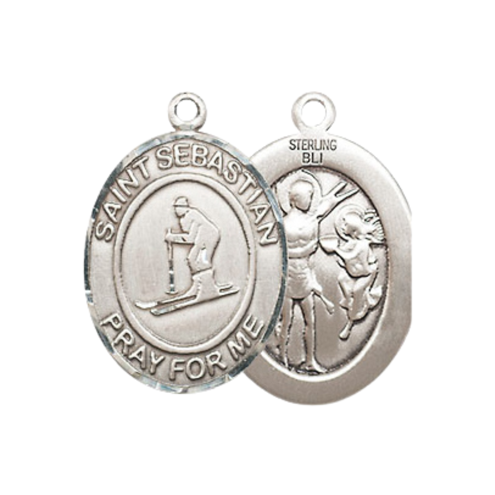 Medium Mens Oval .925 Sterling Silver Saint St. Sebastian Skiing Medal Pendant on 24 Inch Rhodium Plated Heavy Curb Brass Chain w/ Lobster Claw Clasp, Catholic Religious Necklace - Made in USA- Velvet Gift Box