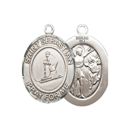 Medium Men's .925 Sterling Silver Saint St. Sebastian Skiing Medal Pendant on 24 Inch Endless Rhodium Plated Heavy Curb Brass Chain, Catholic Religious Necklace - Made in USA- Deluxe Velvet Gift Box