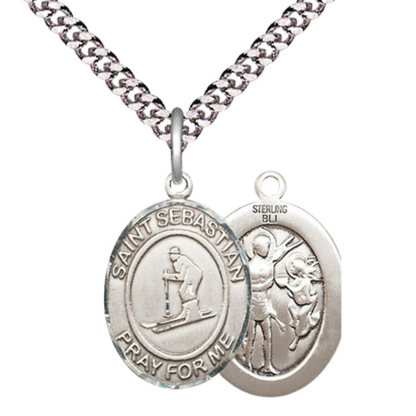Medium Mens Oval .925 Sterling Silver Saint St. Sebastian Skiing Medal Pendant on 24 Inch Rhodium Plated Heavy Curb Brass Chain w/ Lobster Claw Clasp, Catholic Religious Necklace - Made in USA- Velvet Gift Box