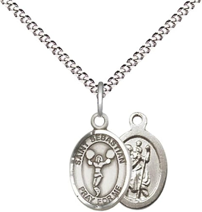 Medium Women's Pewter Saint Sebastian Cheerleading Pendant Necklace on 18-inch Rhodium-Plated Lite Curb Brass Chain – Patron Saint of Athletes – Velvet Gift Box Included