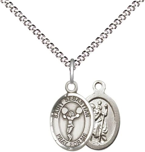Medium Women's Pewter Saint Sebastian Cheerleading Pendant Necklace on 18-inch Rhodium-Plated Lite Curb Brass Chain – Patron Saint of Athletes – Velvet Gift Box Included