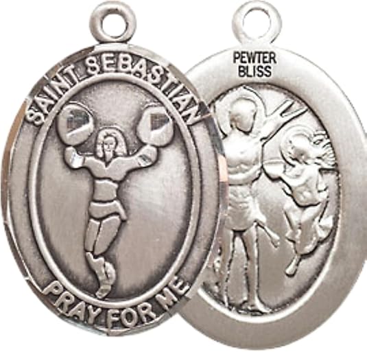 Medium Men's Pewter Saint St. Sebastian Cheerleading Medal Pendant on 24 Inch Endless Rhodium Plated Heavy Curb Brass Chain, Catholic Religious Necklace - Made in USA- Deluxe Velvet Gift Box