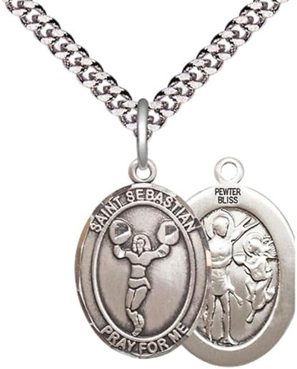 Medium Men's Pewter Saint St. Sebastian Cheerleading Medal Pendant on 24 Inch Endless Rhodium Plated Heavy Curb Brass Chain, Catholic Religious Necklace - Made in USA- Deluxe Velvet Gift Box
