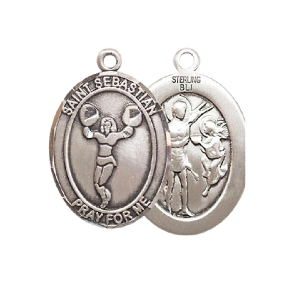 Medium Women's .925 Sterling Silver Saint St. Sebastian Cheerleading Pendant Necklace on 18 Inch Rhodium Plated Lite Curb Brass Chain – Patron Saint St. of Athletes & Soldiers, Catholic Medal – Velvet Gift Box Included