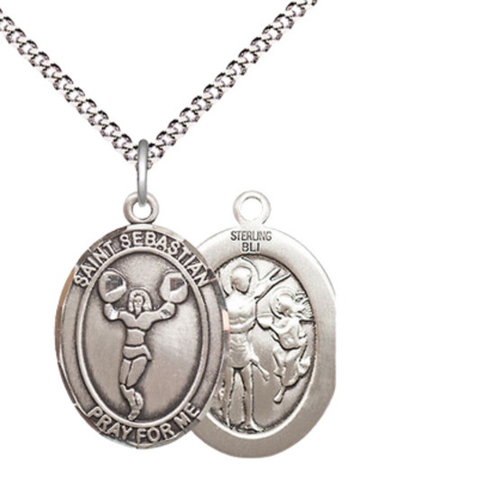 Medium Women's .925 Sterling Silver Saint St. Sebastian Cheerleading Pendant Necklace on 18 Inch Rhodium Plated Lite Curb Brass Chain – Patron Saint St. of Athletes & Soldiers, Catholic Medal – Velvet Gift Box Included