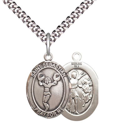 Medium Men's .925 Sterling Silver Saint St. Sebastian Cheerleading Medal Pendant on 24 Inch Endless Rhodium Plated Heavy Curb Brass Chain, Catholic Religious Necklace - Made in USA- Deluxe Velvet Gift Box