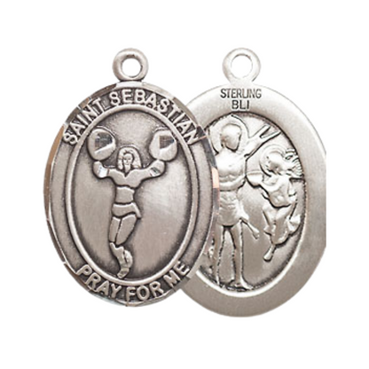 Medium Men's .925 Sterling Silver Saint St. Sebastian Cheerleading Medal Pendant on 24 Inch Endless Rhodium Plated Heavy Curb Brass Chain, Catholic Religious Necklace - Made in USA- Deluxe Velvet Gift Box