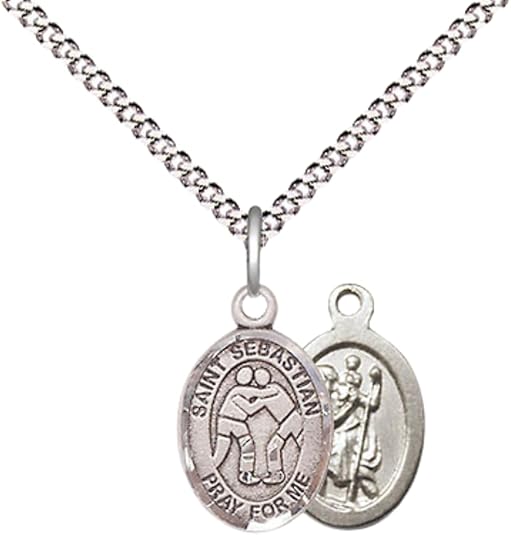 Everlasting Light Jewelry Medium Women's Pewter Saint Sebastian Wrestling Pendant Necklace on 18-inch Rhodium-Plated Lite Curb Brass Chain – Patron Saint of Athletes – Velvet Gift Box Included