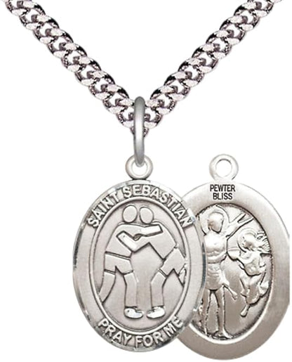 Mens Medium Oval Pewter Saint St. Sebastian Wrestling Medal Pendant on 24 Inch Rhodium Plated Heavy Curb Brass Chain w/ Lobster Claw Clasp, Catholic Religious Necklace- Made in USA- Velvet Gift Box