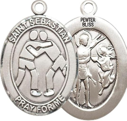 Medium Men's Pewter Saint St. Sebastian Wrestling Medal Pendant on 24 Inch Endless Rhodium Plated Heavy Curb Brass Chain, Catholic Religious Necklace - Made in USA- Deluxe Velvet Gift Box