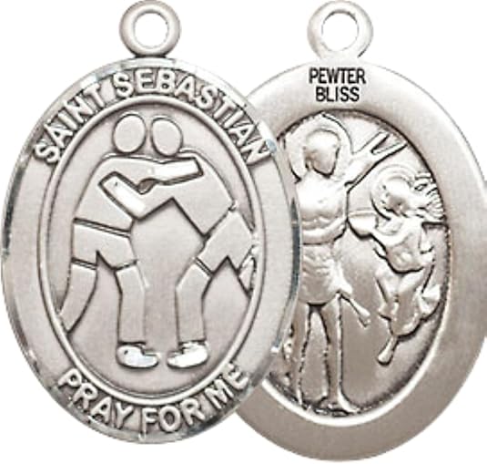 Medium Men's Pewter Saint St. Sebastian Wrestling Medal Pendant on 24 Inch Endless Rhodium Plated Heavy Curb Brass Chain, Catholic Religious Necklace - Made in USA- Deluxe Velvet Gift Box