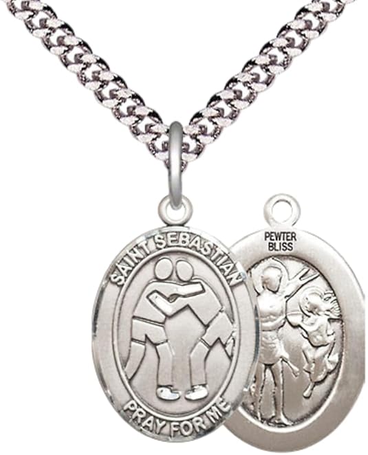 Medium Men's Pewter Saint St. Sebastian Wrestling Medal Pendant on 24 Inch Endless Rhodium Plated Heavy Curb Brass Chain, Catholic Religious Necklace - Made in USA- Deluxe Velvet Gift Box