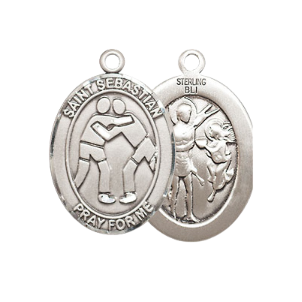 Medium Women's .925 Sterling Silver Saint St. Sebastian Wrestling Pendant Necklace on 18 Inch Rhodium Plated Lite Curb Brass Chain – Patron Saint St. of Athletes & Soldiers, Catholic Medal – Velvet Gift Box Included