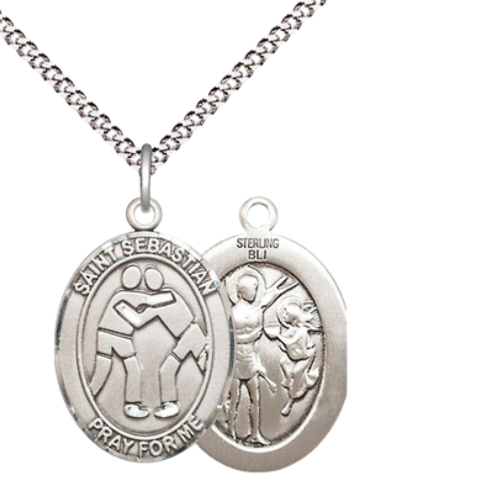 Medium Women's .925 Sterling Silver Saint St. Sebastian Wrestling Pendant Necklace on 18 Inch Rhodium Plated Lite Curb Brass Chain – Patron Saint St. of Athletes & Soldiers, Catholic Medal – Velvet Gift Box Included