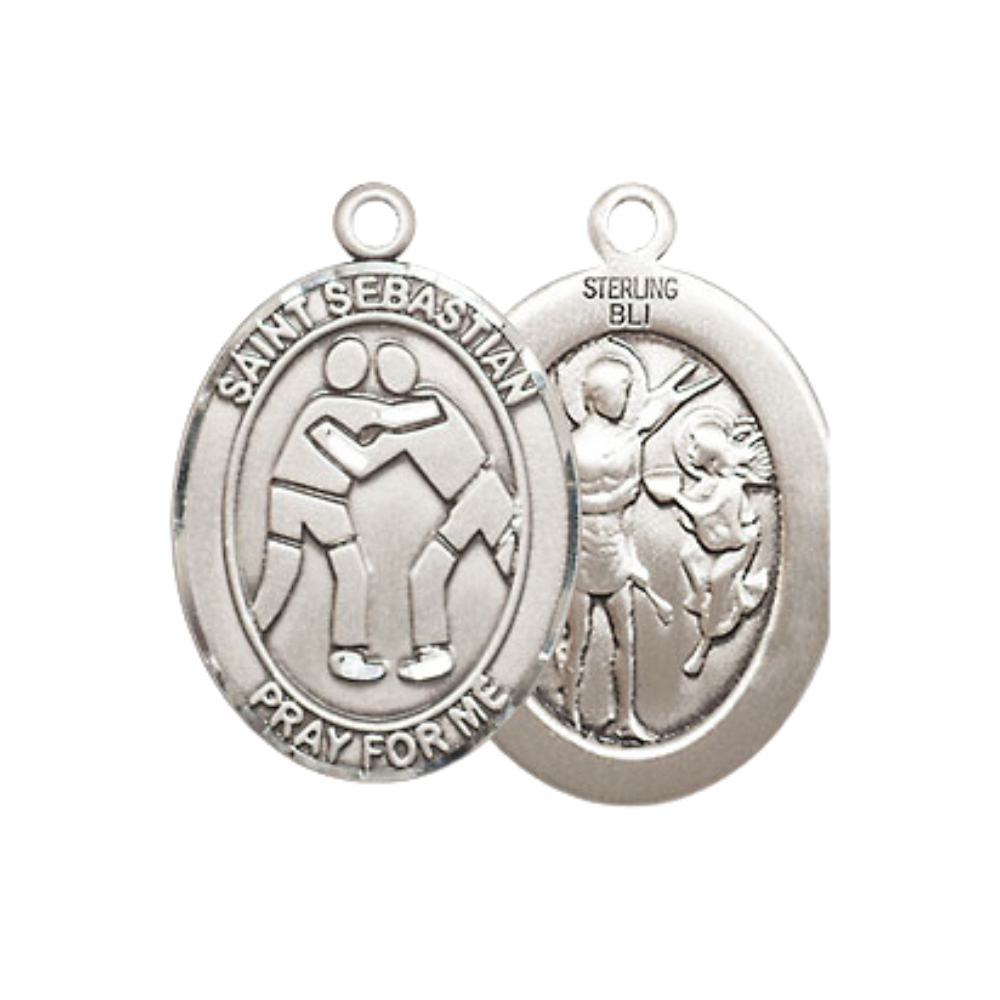 Medium Men's .925 Sterling Silver Saint St. Sebastian Wrestling Medal Pendant on 24 Inch Endless Rhodium Plated Heavy Curb Brass Chain, Catholic Religious Necklace - Made in USA- Deluxe Velvet Gift Box