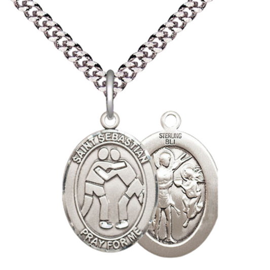 Medium Men's .925 Sterling Silver Saint St. Sebastian Wrestling Medal Pendant on 24 Inch Endless Rhodium Plated Heavy Curb Brass Chain, Catholic Religious Necklace - Made in USA- Deluxe Velvet Gift Box