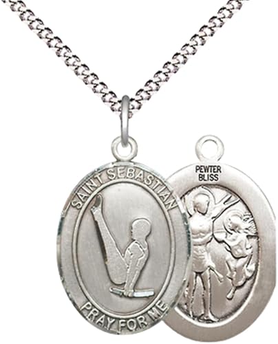 Everlasting Light Jewelry Medium Women's Pewter Saint Sebastian Gymnastics Pendant Necklace on 18-inch Rhodium-Plated Lite Curb Brass Chain – Patron Saint of Athletes – Velvet Gift Box Included