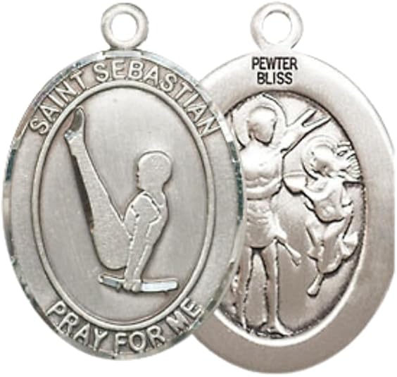 Mens Medium Oval Pewter Saint St. Sebastian Gymnastics Medal Pendant on 24 Inch Rhodium Plated Heavy Curb Brass Chain w/ Lobster Claw Clasp, Catholic Religious Necklace- Made in USA- Velvet Gift Box