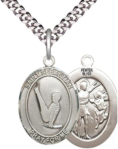 Medium Men's Pewter Saint St. Sebastian Gymnastics Medal Pendant on 24 Inch Endless Rhodium Plated Heavy Curb Brass Chain, Catholic Religious Necklace - Made in USA- Deluxe Velvet Gift Box