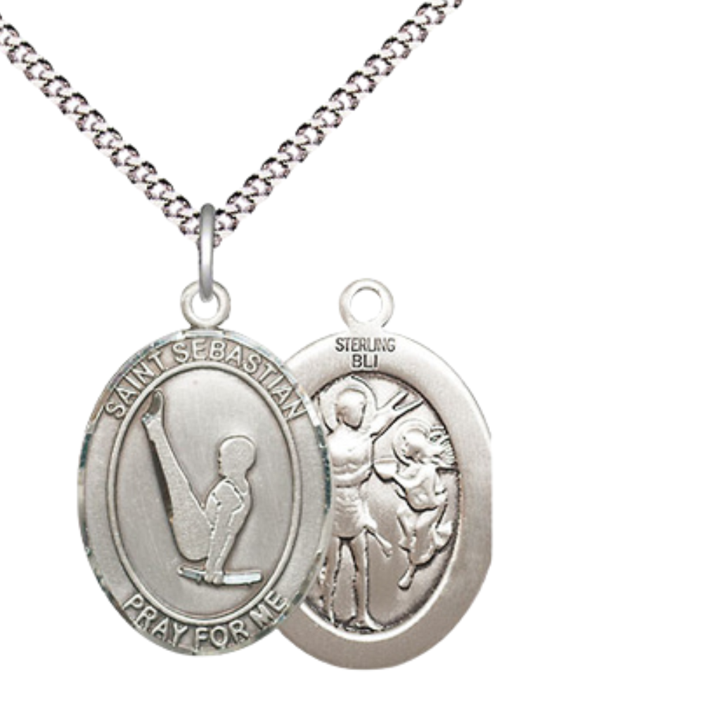 Medium Women's .925 Sterling Silver Saint St. Sebastian Gymnastics Pendant Necklace on 18 Inch Rhodium Plated Lite Curb Brass Chain – Patron Saint St. of Athletes & Soldiers, Catholic Medal – Velvet Gift Box Included