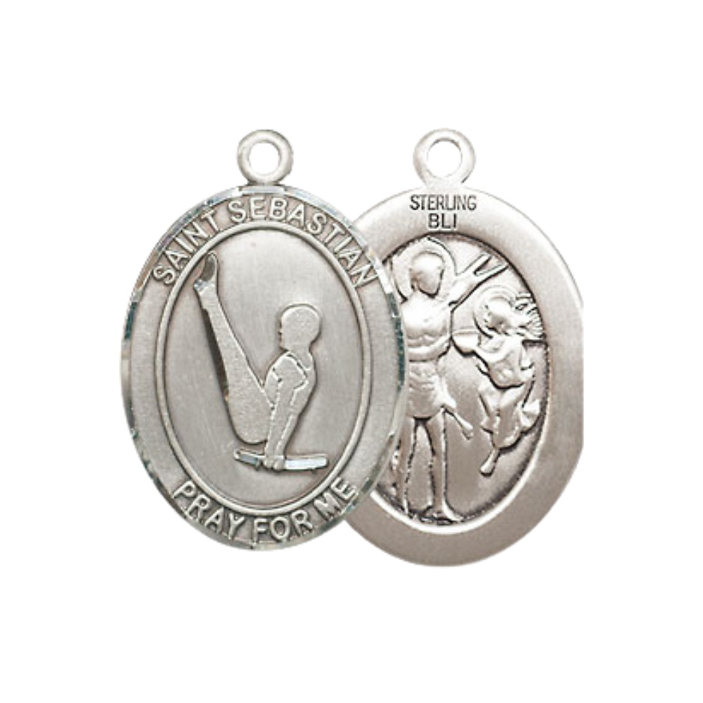 Medium Mens Oval .925 Sterling Silver Saint St. Sebastian Gymnastics Medal Pendant on 24 Inch Rhodium Plated Heavy Curb Brass Chain w/ Lobster Claw Clasp, Catholic Religious Necklace- Made in USA- Gift Boxed