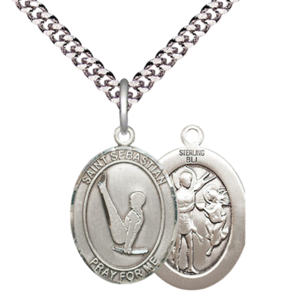 Medium Men's .925 Sterling Silver Saint St. Sebastian Gymnastics Medal Pendant on 24 Inch Endless Rhodium Plated Heavy Curb Brass Chain, Catholic Religious Necklace - Made in USA- Deluxe Velvet Gift Box