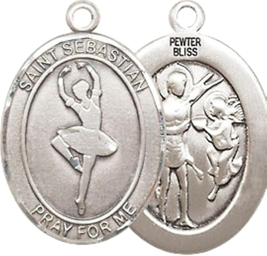 Medium Men's Pewter Saint St.Sebastian Dance Medal Pendant on 24 Inch Endless Rhodium Plated Heavy Curb Brass Chain, Catholic Religious Necklace -Made in USA- Deluxe Velvet Gift Box